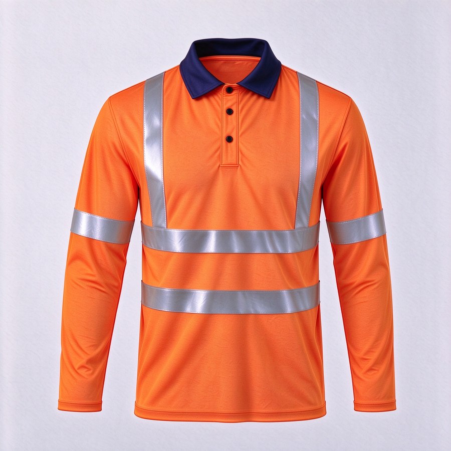 Hi-vis reflective polo shirt, long sleeve, orange with navy collar