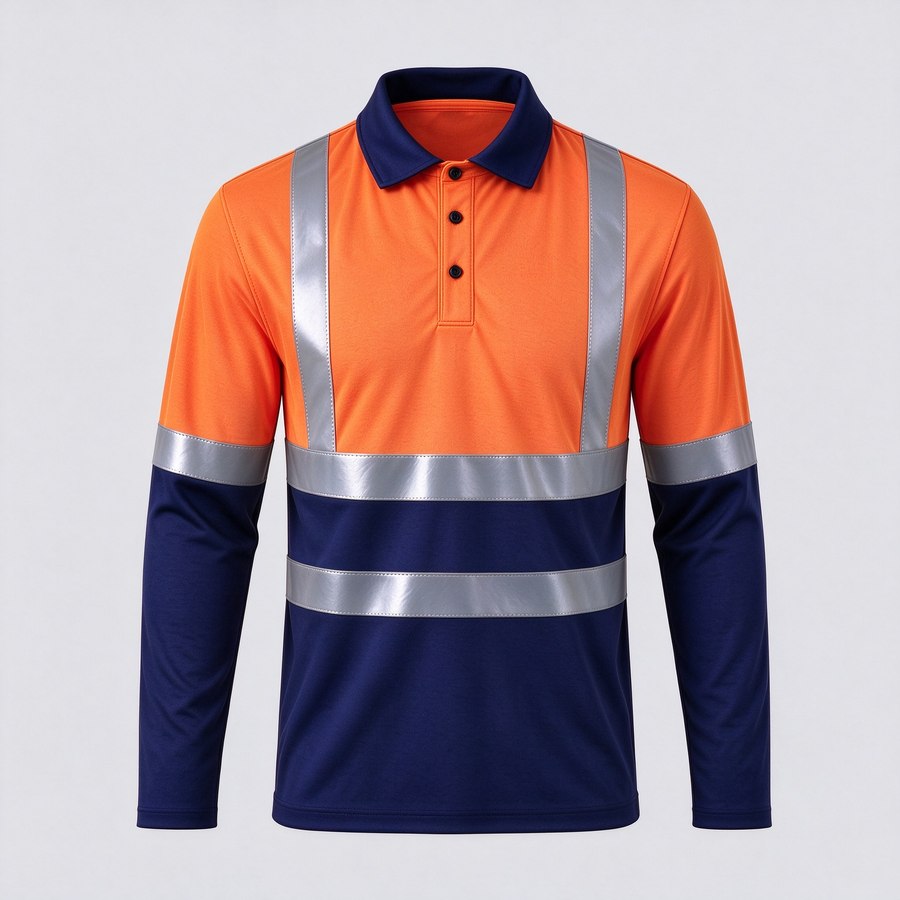 Hi-vis reflective polo shirt, long sleeve, orange and navy