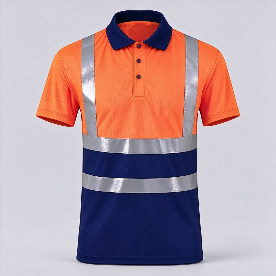Two-tone hi-vis reflective polo shirt, short sleeve, orange and navy