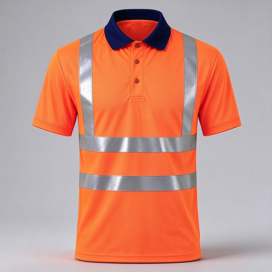 Hi-vis reflective polo shirt, short sleeve, orange with navy collar