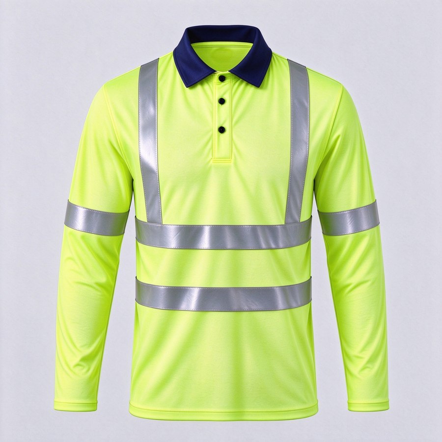 Hi-vis reflective polo shirt, long sleeve, yellow with navy collar