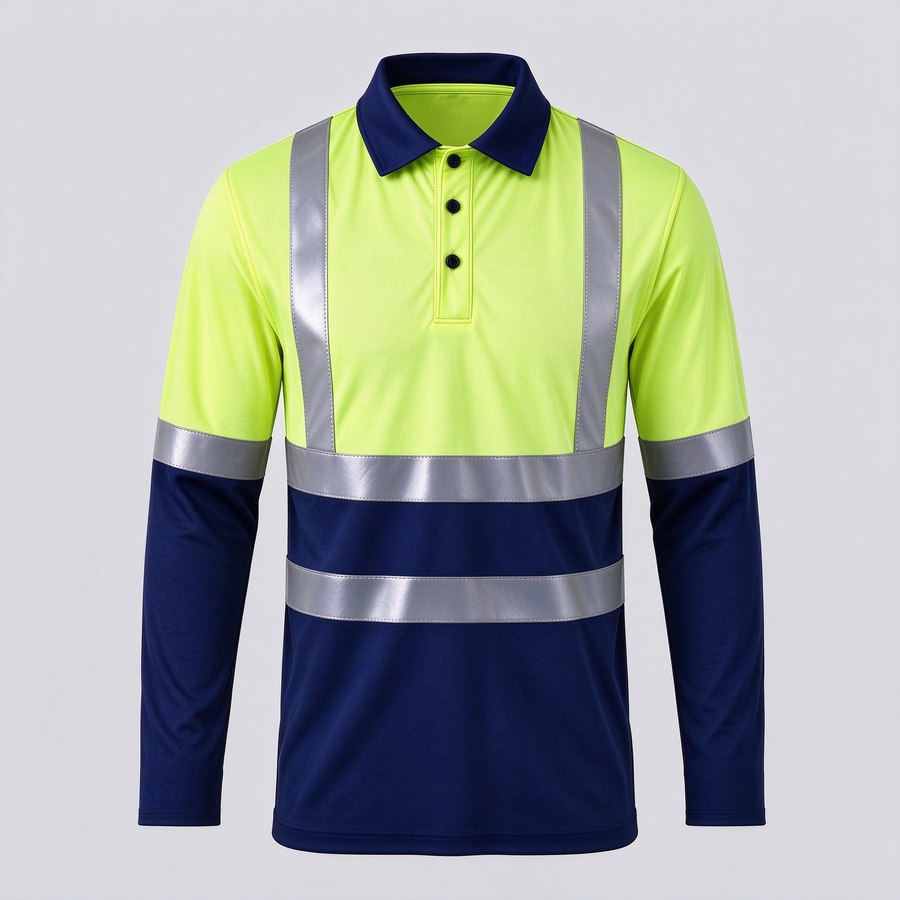 Hi-vis reflective polo shirt, long sleeve, yellow and navy