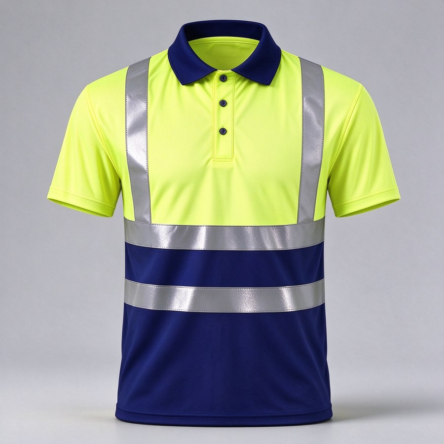 Two-tone hi-vis reflective polo shirt, short sleeve, yellow and navy