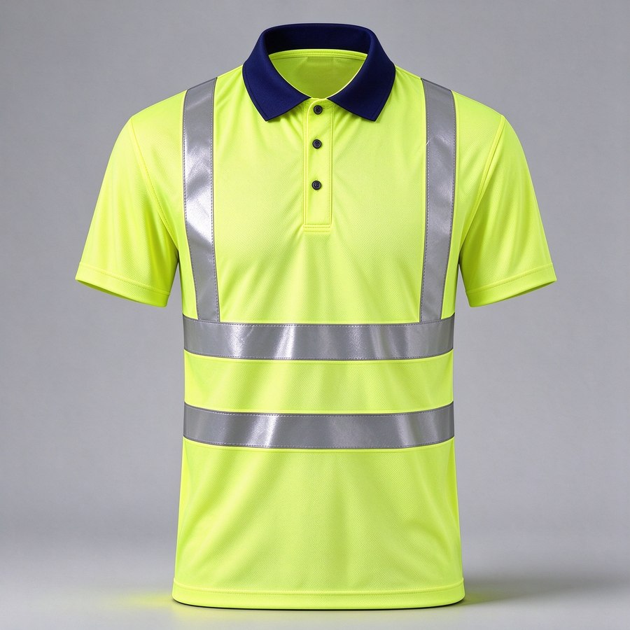 Hi-vis reflective polo shirt, short sleeve, yellow with navy collar