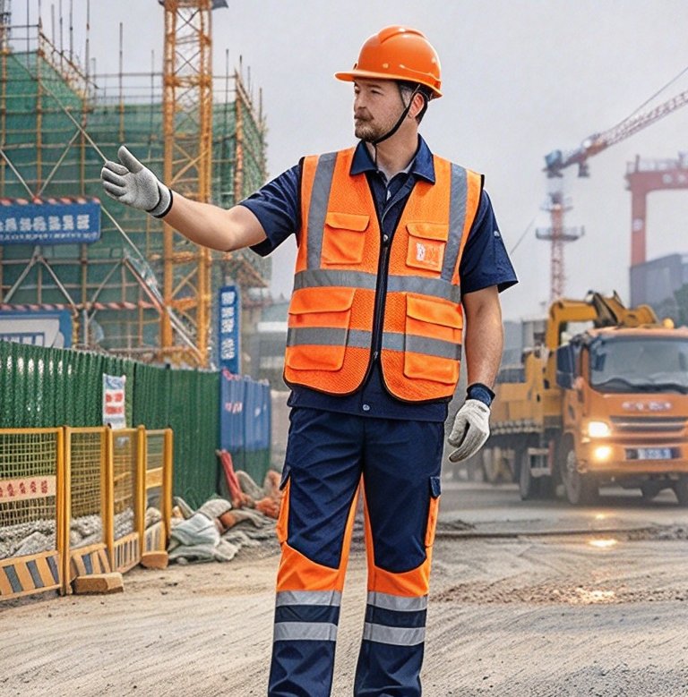 Construction supervisor in hi-vis reflective vest directing work on site
