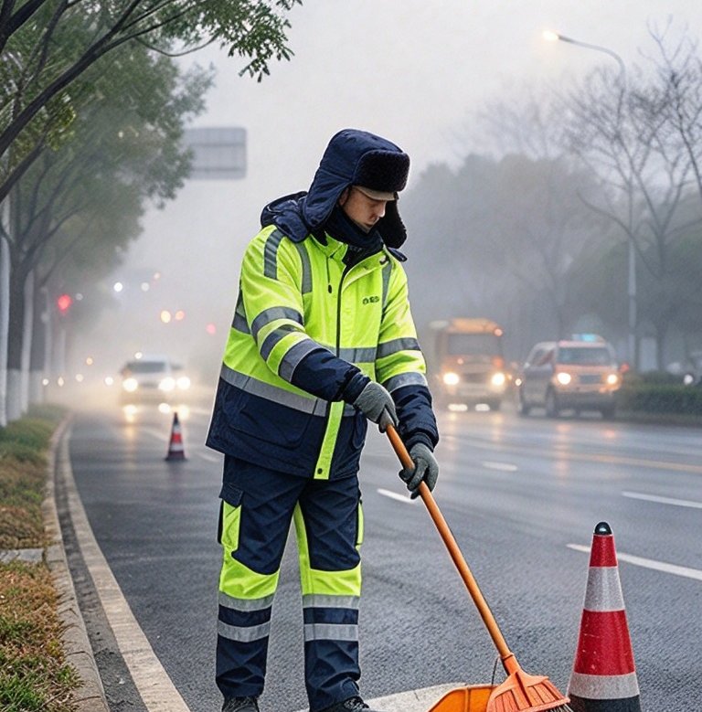 Road maintenance worker in hi-vis reflective jacket sweeping a street in fog